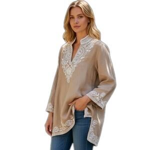 SOFT SURROUNDINGS M Tunic Blouse Embroidered Applique Linen Cotton Bust 40"